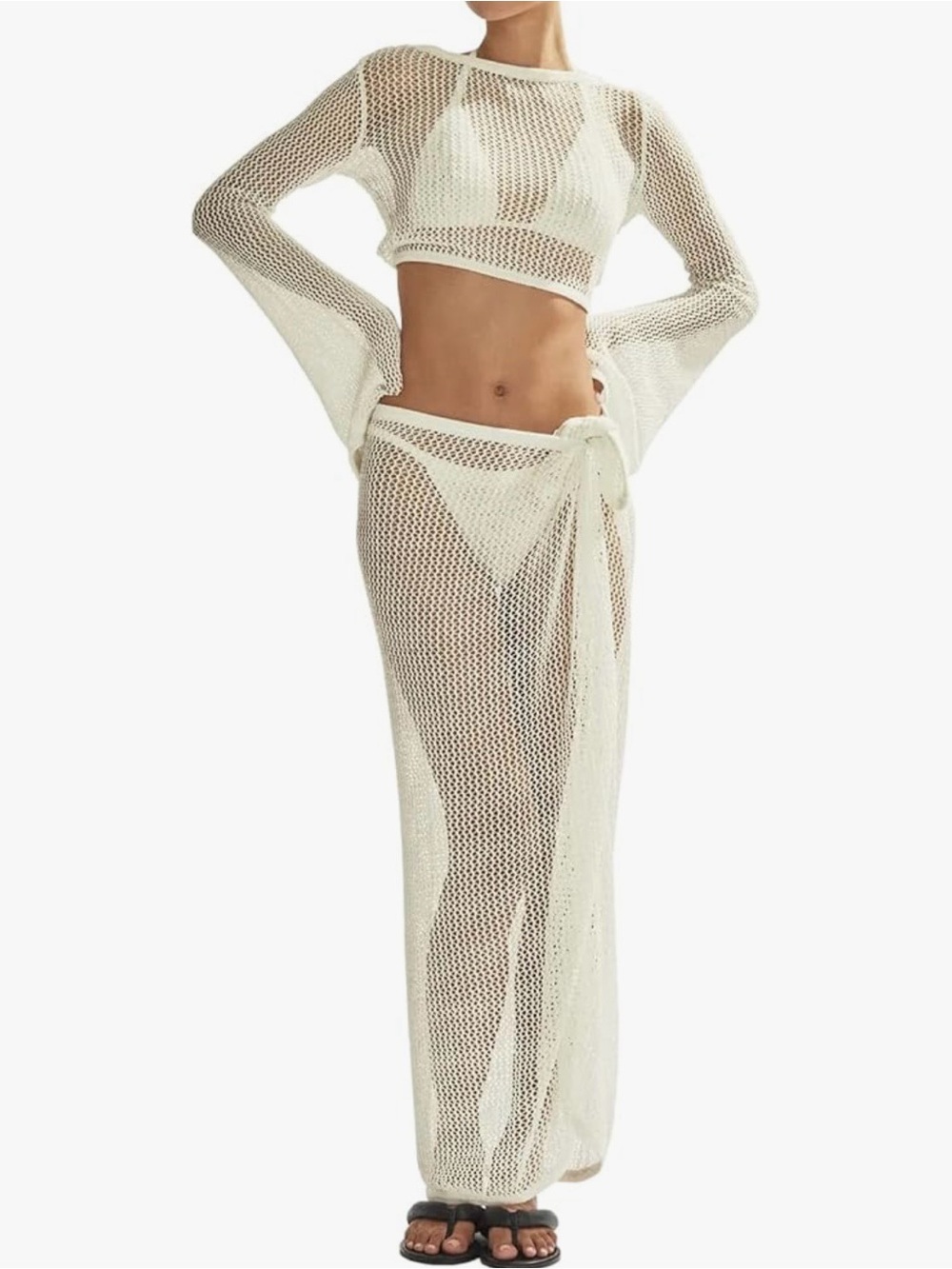 Open-Knit Crop Top & Tie-Side Maxi Coverup Set - White (never worn)